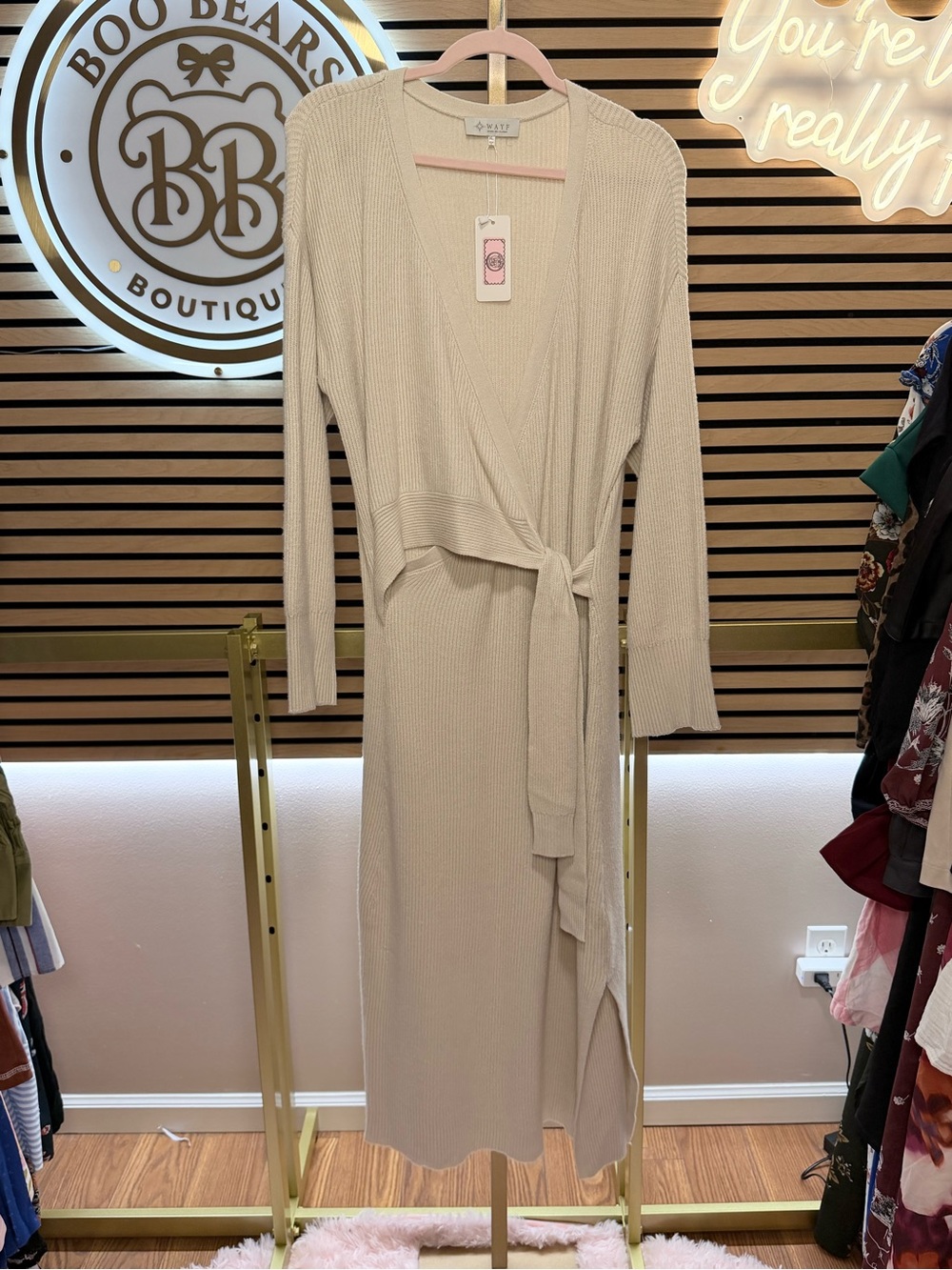 Wayf Cream Ribbed Wrap Sweater Dress